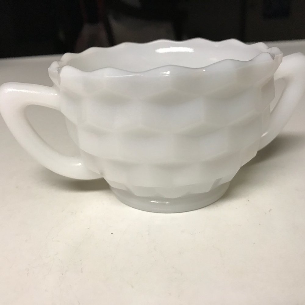 Vintage White Milk Glass Sugar Bowl Diamond Cubist Pattern